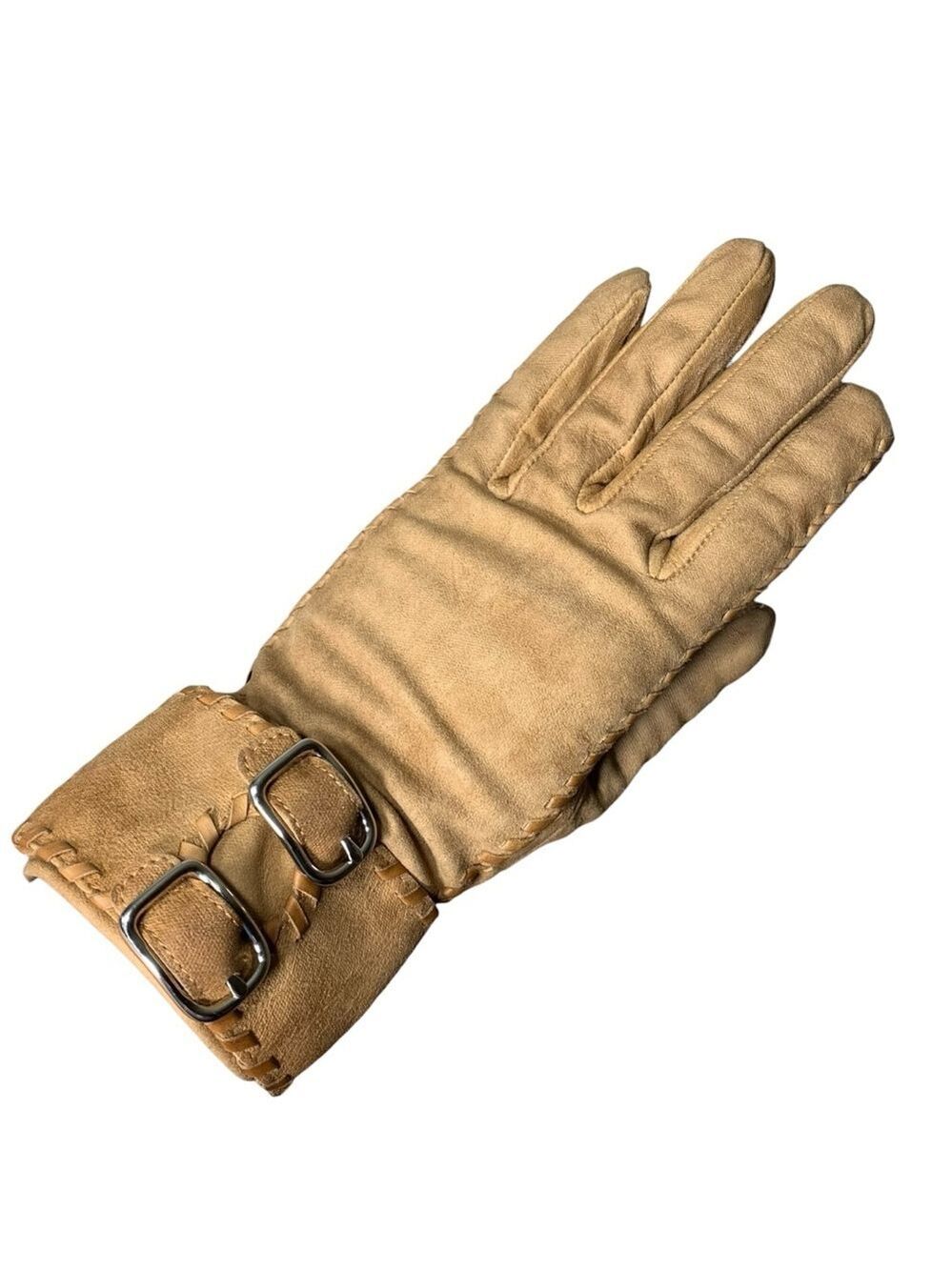 Coach Tan Silk Gloves Faux Suede Buckle Detail Lined Sz 6 1/2 Classic Minimalist